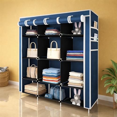 Whitecloud TRANSFORMING HOMES® 12-Shelf Collapsible Wardrobe – Foldable Fabric Almirah for Clothes Storage, Organizer Rack, Blue (Model 88350) - Image 1