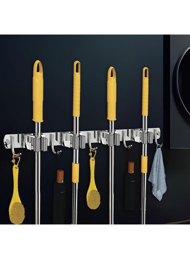 CANWAY® 1 Piece Stainless Steel 4 Racks with 5 Hooks Heavy Duty Wall Mounted Broom and Mop Stick Holder, Hanging Tools for Home Kitchen Garden Laundry Garage (Silver) - Image 1