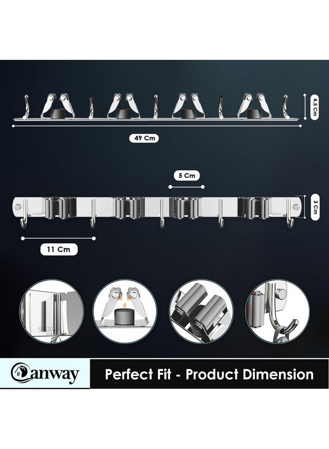 CANWAY® 1 Piece Stainless Steel 4 Racks with 5 Hooks Heavy Duty Wall Mounted Broom and Mop Stick Holder, Hanging Tools for Home Kitchen Garden Laundry Garage (Silver) - Image 2