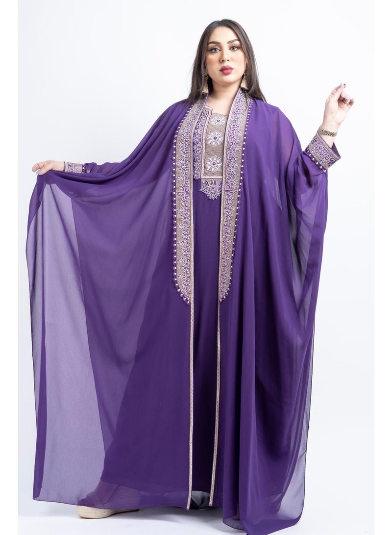 زينة جلابية سهرة نسائية راقية - قفطان شيفون فاخر بتطريز حجري وكريستال - موديل أكمام خفاش - Image 5