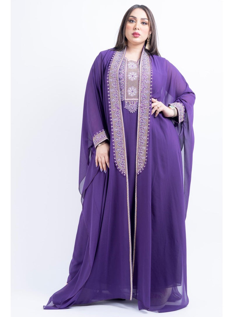 زينة جلابية سهرة نسائية راقية - قفطان شيفون فاخر بتطريز حجري وكريستال - موديل أكمام خفاش - Image 1