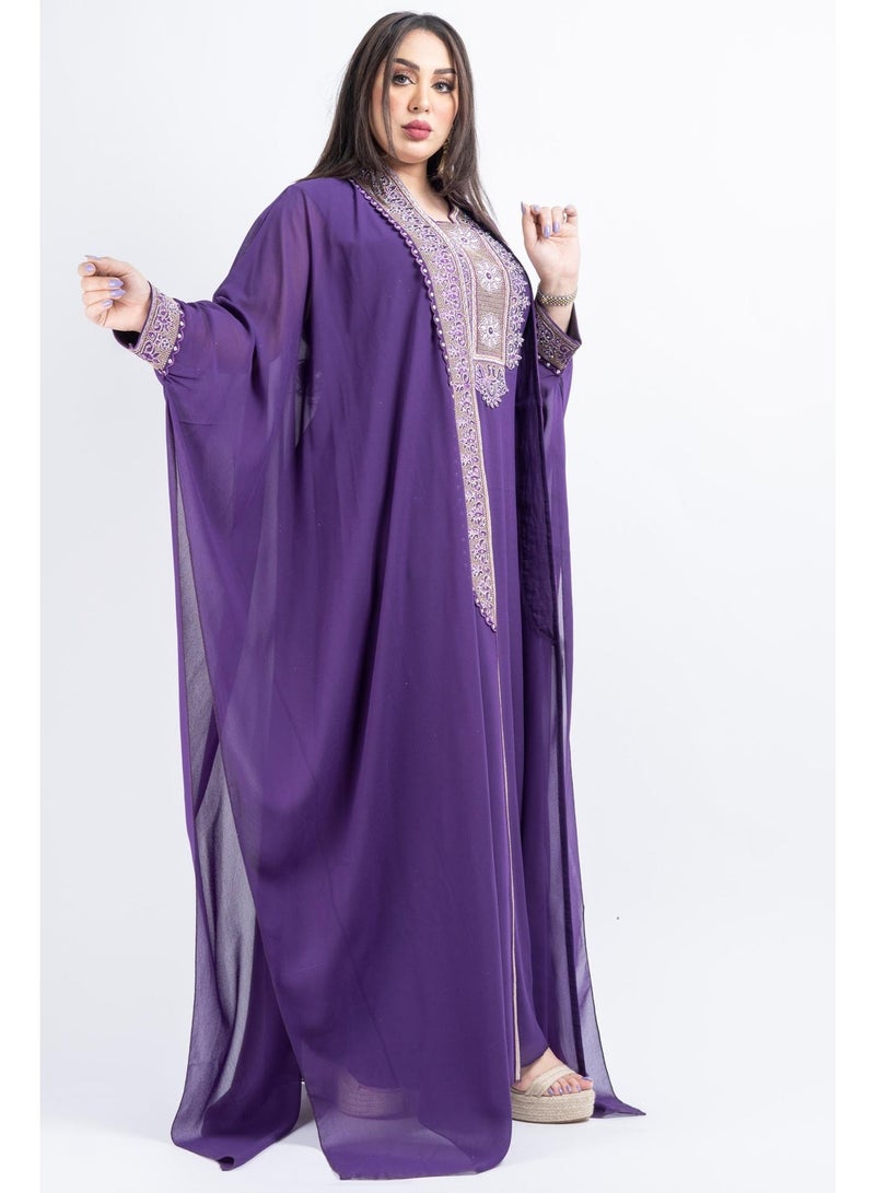 زينة جلابية سهرة نسائية راقية - قفطان شيفون فاخر بتطريز حجري وكريستال - موديل أكمام خفاش - Image 4