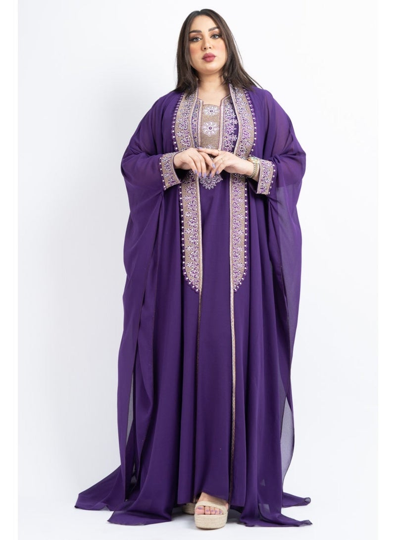 زينة جلابية سهرة نسائية راقية - قفطان شيفون فاخر بتطريز حجري وكريستال - موديل أكمام خفاش - Image 3