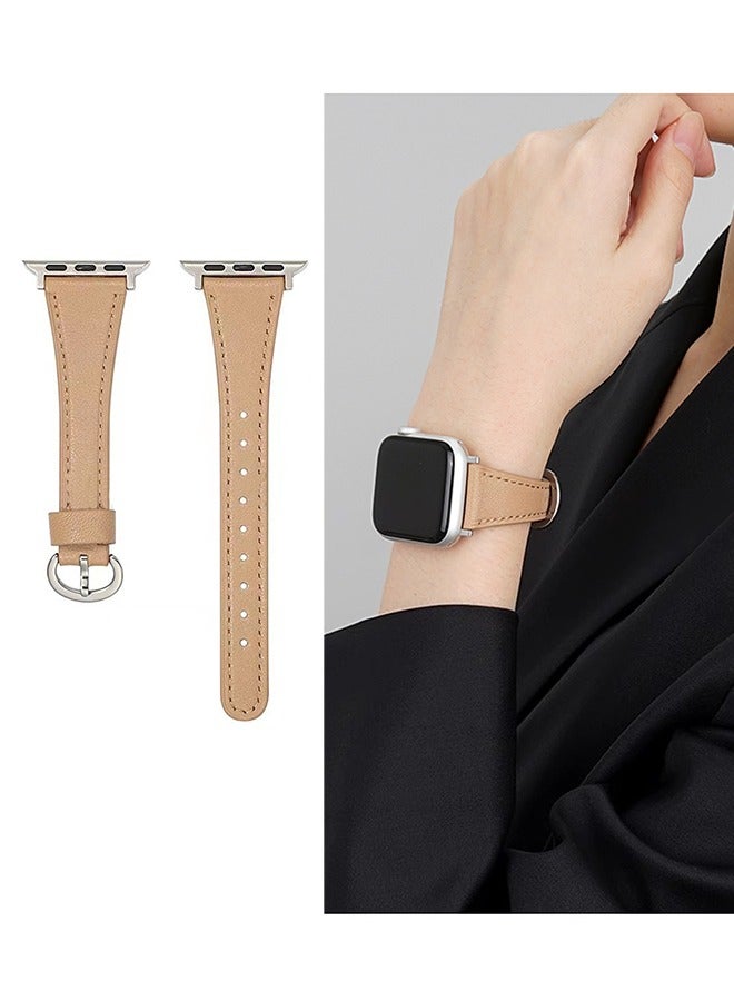 Leather Strap for Apple Watches, Compatible with Apple Watch Band 38mm 40mm 41mm 42mm Women, Top Grain Genuine Leather Strap Thin Watch Wristband for iWatch Series10 9 8 7 6 5 4 3 2 1 SE Ultra 2 ,Khaki