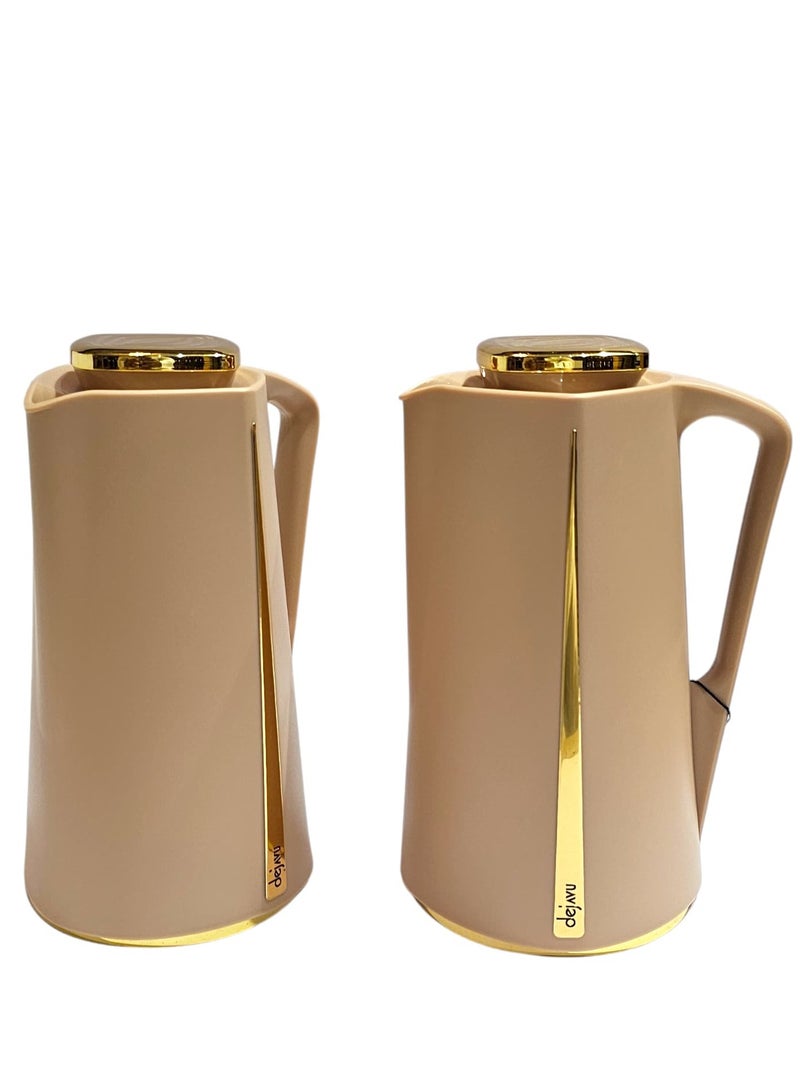 طقم شيال ترامس ذهبي منقوش اضافة الى 2  ترامس الشاي والقهوه ١+١ لتر ، بالإضافة إلى تمريتين، و3 أوعية زجاجية، وعلبة مناديل ذهبية - Image 2