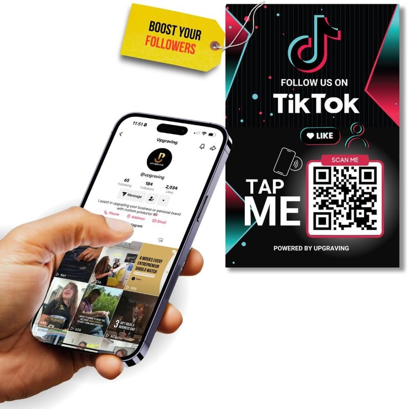 Upgraving Reusable Followers Tap Sticker for TikTok with QR & NFC Tap - Compatible with iPhone and Android - Follow us on TikTok- Powered by (1 Sticker) - Image 1