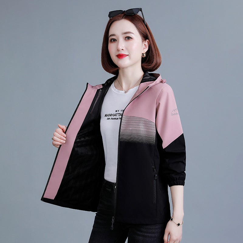 Fashionable casual hooded contrast color jacket for women Spring and Autumn new windproof waterproof zipper jacket for middle-aged mothers Black  - Image 1