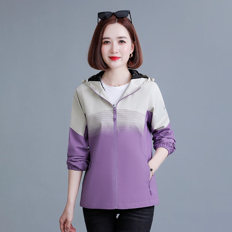Fashionable casual hooded contrast color jacket for women Spring and Autumn new windproof waterproof zipper jacket for middle-aged mothers Black  - Image 3