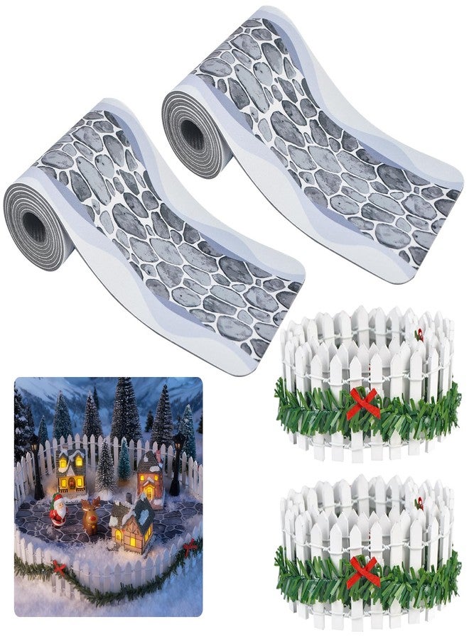 succulentlovers 4PCS Christmas Village Accessories Sets, 2PCS 4.7" x 47.2"Christmas Village Brick Snow Road Street Mat & 2PCS 35"Wooden Picket Fence,Villages Landscape Road Mats Decoration for DIY Miniature Landscape - Image 1