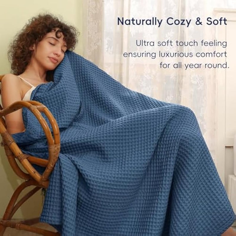 Loquat 100% Cotton Blanket, Waffle Weave Blanket for Bed and Sofa, Breathable and Soft, 350GSM Premium Cotton, Blue, 127x152CM - Image 4