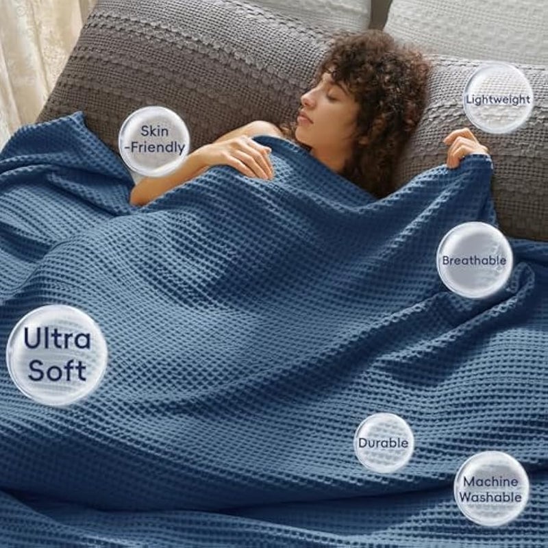 Loquat 100% Cotton Blanket, Waffle Weave Blanket for Bed and Sofa, Breathable and Soft, 350GSM Premium Cotton, Blue, 127x152CM - Image 2