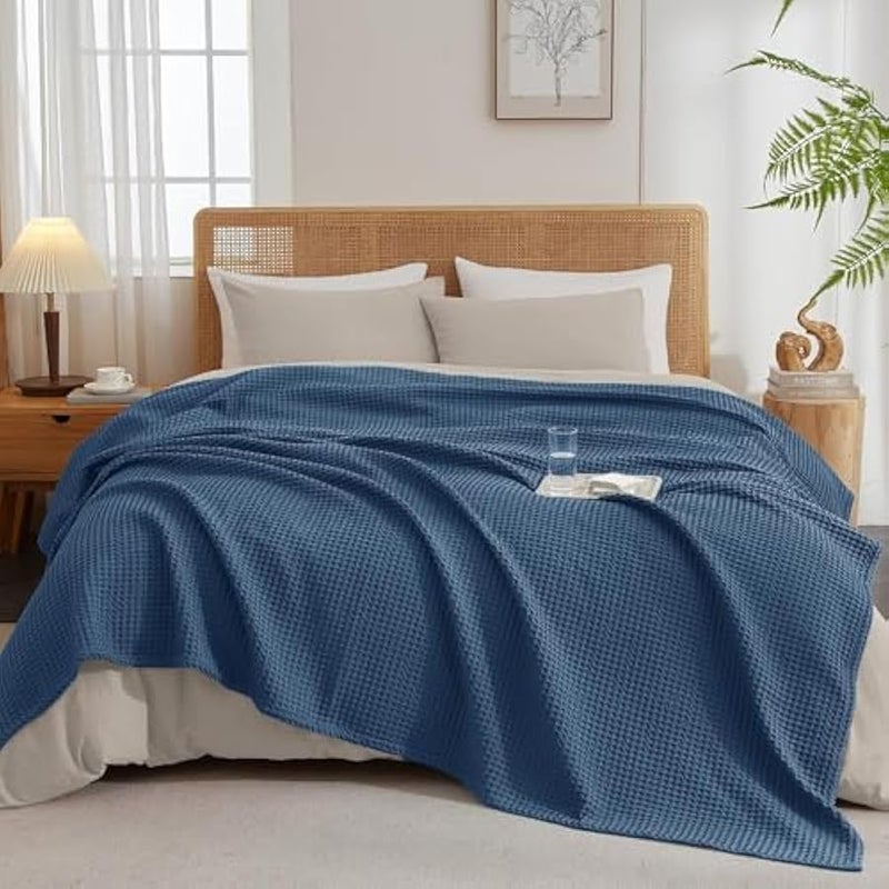 Loquat 100% Cotton Blanket, Waffle Weave Blanket for Bed and Sofa, Breathable and Soft, 350GSM Premium Cotton, Blue, 127x152CM - Image 5