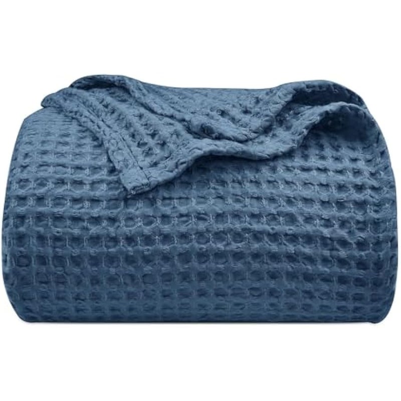 Loquat 100% Cotton Blanket, Waffle Weave Blanket for Bed and Sofa, Breathable and Soft, 350GSM Premium Cotton, Blue, 127x152CM - Image 1