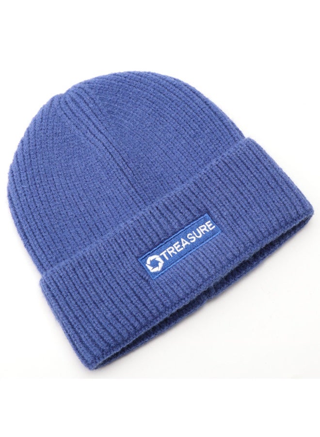 TREASURE Logo Blue Knitted Beanie, Autumn and Winter Warm, Stylish and Versatile Unisex Cold Hat