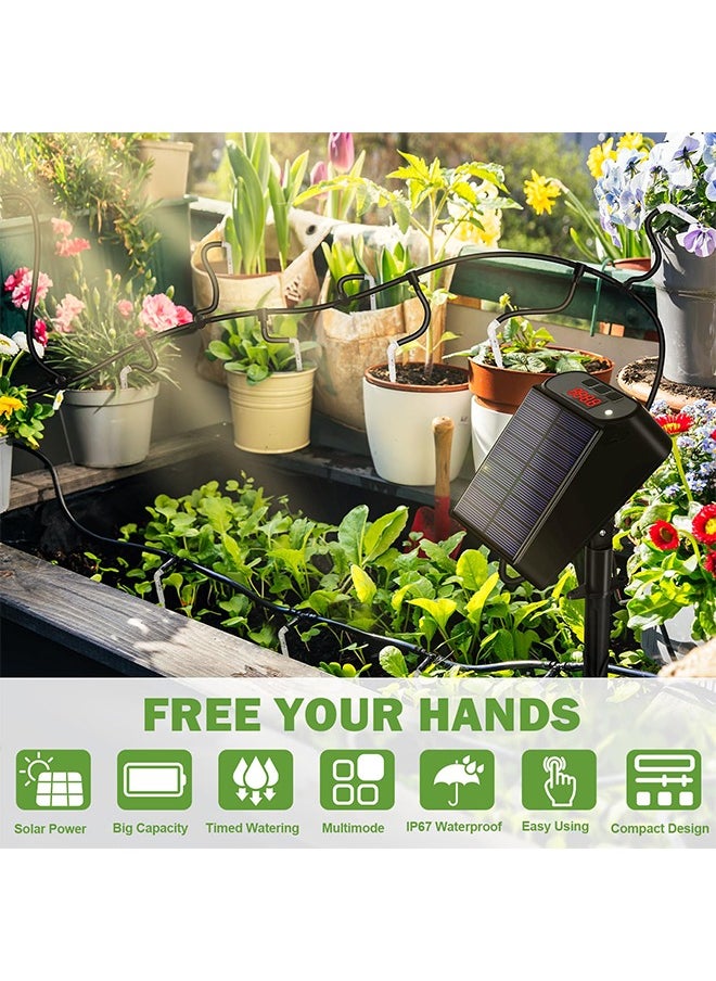 Solar Drip Irrigation System Kit, Automatic Watering System for Plants, Easy DIY Day&Time Multimode Garden Irrigation System with Anti-Siphoning Device for Garden Balcony, Supported 12-15 Pots