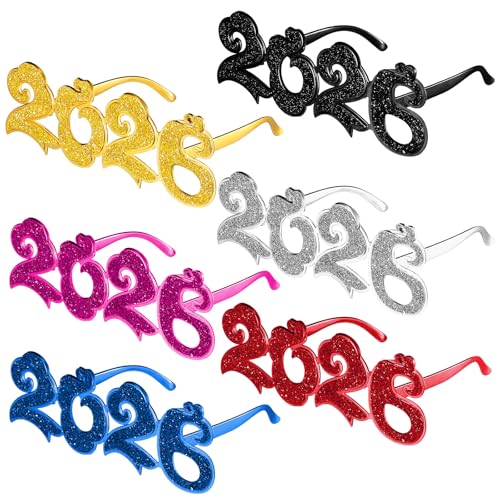 Konohan 6 Pairs 2026 Glasses New Year Eve Glitter Number Eyeglasses Party Supplies 2026 Funny Novelty Sunglasses for New Year Celebration Party Favor Costume Photo Props DecorationColorful - Image 1