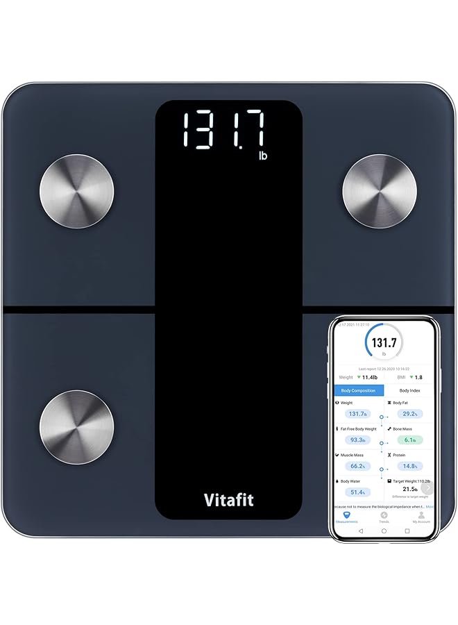 Vitafit ميزان حمام ذكي فيتافيت لوزن الجسم والدهون، ميزان احترافي منذ 2001، ميزان حمام رقمي لاسلكي لتطبيق مزامنة مؤشر كتلة الجسم والماء والعضلات، معدات لياقة بدنية للأشخاص، 400lb/180kg، أسود - Image 1
