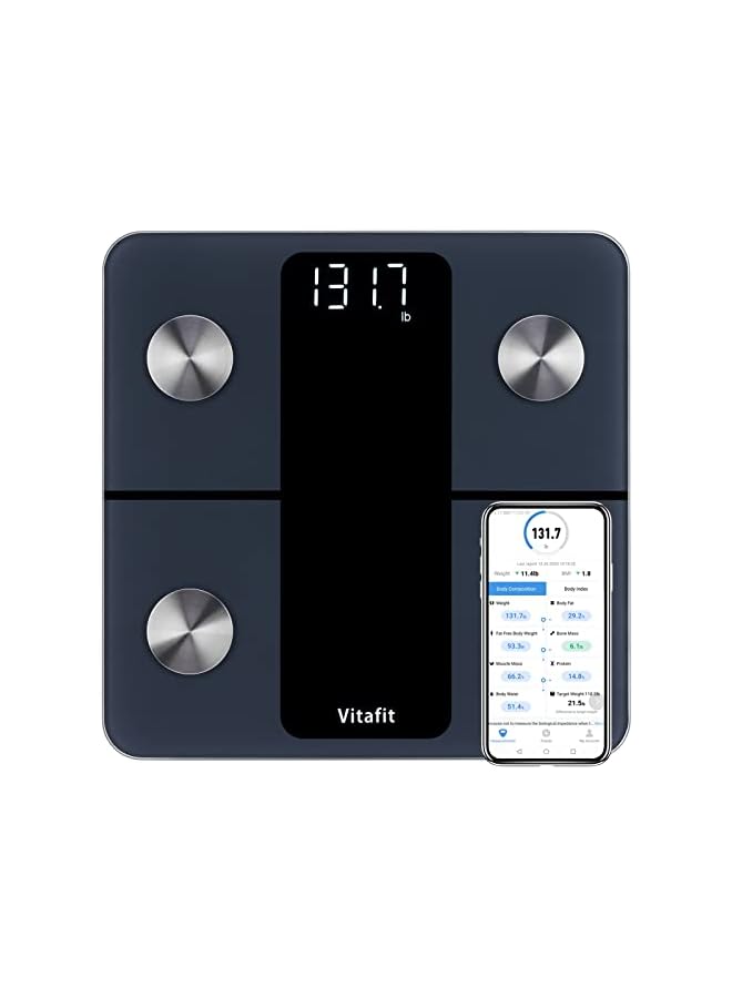 Vitafit ميزان حمام ذكي فيتافيت لوزن الجسم والدهون، ميزان احترافي منذ 2001، ميزان حمام رقمي لاسلكي لتطبيق مزامنة مؤشر كتلة الجسم والماء والعضلات، معدات لياقة بدنية للأشخاص، 400lb/180kg، أسود - Image 2
