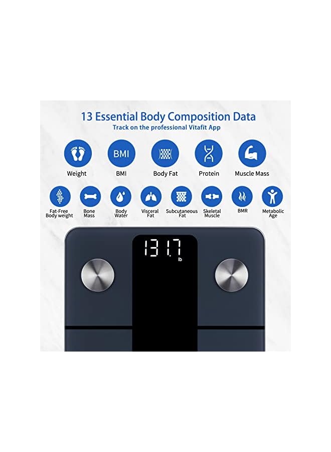 Vitafit ميزان حمام ذكي فيتافيت لوزن الجسم والدهون، ميزان احترافي منذ 2001، ميزان حمام رقمي لاسلكي لتطبيق مزامنة مؤشر كتلة الجسم والماء والعضلات، معدات لياقة بدنية للأشخاص، 400lb/180kg، أسود - Image 4