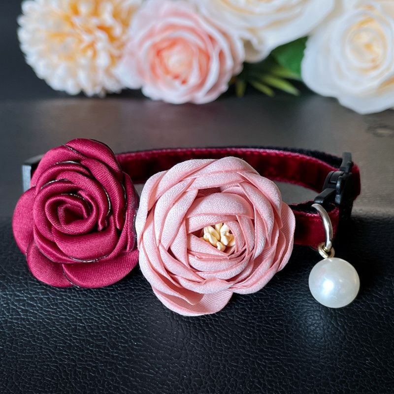 Xiaoxiangfeng court style noble and elegant retro rose pearl small dog cat collar, adjustable red pink flower pet collar (7.5-11 inches) - Image 3