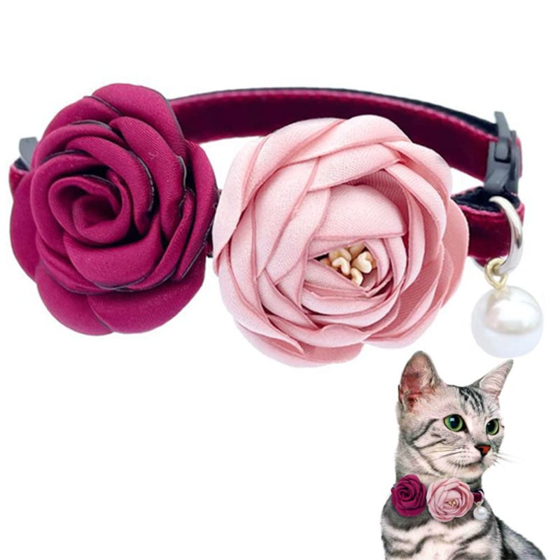 Xiaoxiangfeng court style noble and elegant retro rose pearl small dog cat collar, adjustable red pink flower pet collar (7.5-11 inches) - Image 4