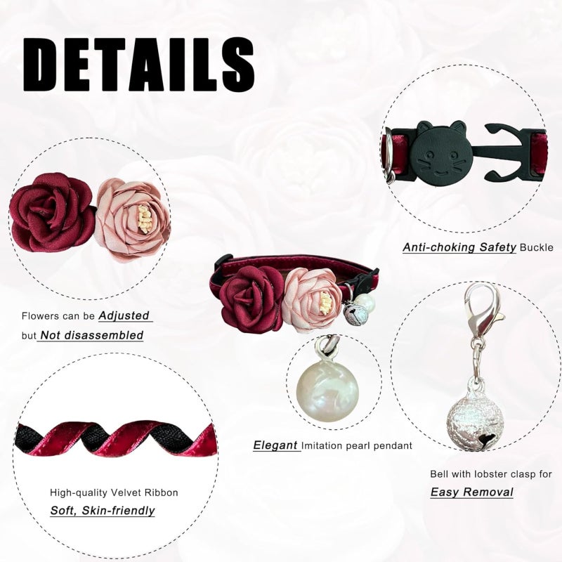 Xiaoxiangfeng court style noble and elegant retro rose pearl small dog cat collar, adjustable red pink flower pet collar (7.5-11 inches) - Image 5