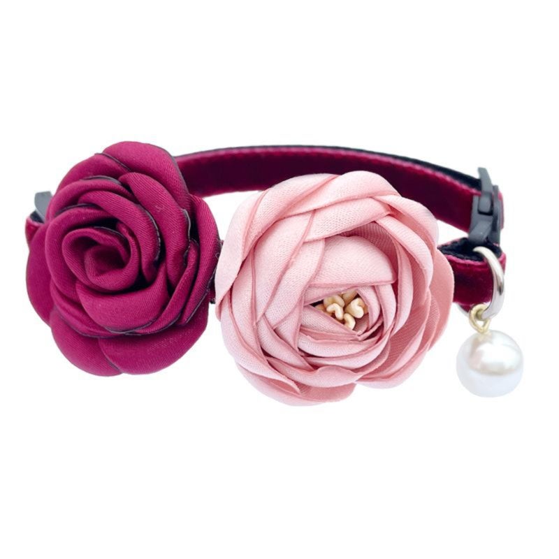 Xiaoxiangfeng court style noble and elegant retro rose pearl small dog cat collar, adjustable red pink flower pet collar (7.5-11 inches) - Image 1