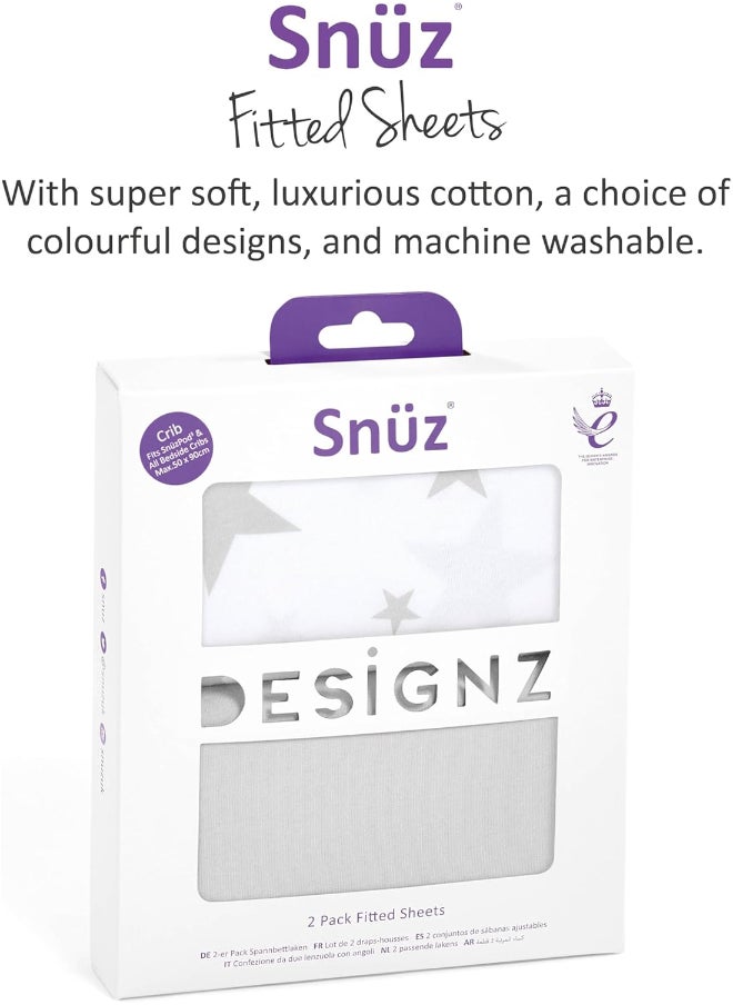 Snuz - Pack of 2 Crib Fitted Sheets, Design Ed To Fit Pod Bedside Cribs, 100% Cotton, Infant And Baby, Patternstar, Fitted Sheet Size 44 X 80Cm - Image 1