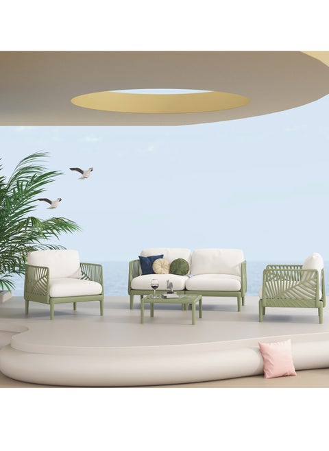 Neo Front PP Dining Set Coffee Table 2-Seater Sofa and 2 Single Sofa with cushion Outdoor,Weather-Resistant, Rectangular Garden Table for Deck, Backyard, Patio Furniture UV Resistant Light Green