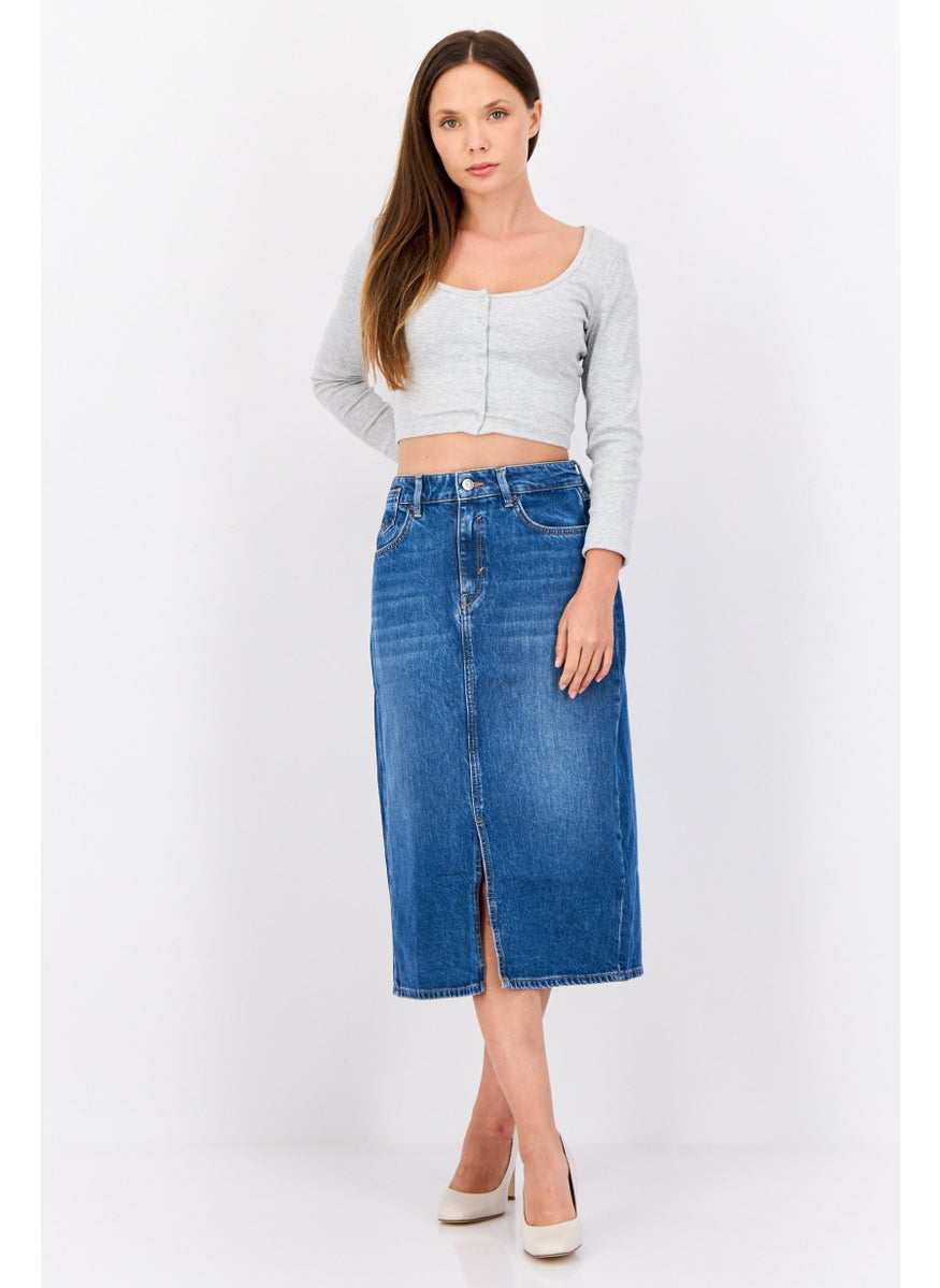 ESPRIT Women Washed Denim Skirt Midi Skirt, Navy  - Image 4