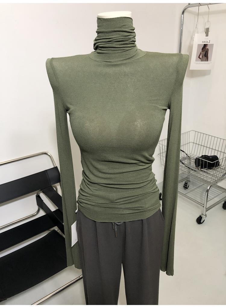 Match hao unique child ~ thin soft high collar micro-transparent long sleeve T-shirt pile collar base shirt jacket Army Green 