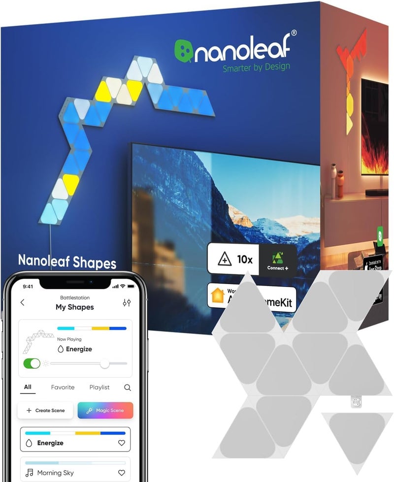 نانوليف Nanoleaf Shapes Triangles حزمة التوسعة الصغيرة - نظام لوحات LED ذكي مع واي فاي مع مرئي الموسيقى، ديكور جدران فوري، استخدام منزلي أو مكتبي، أكثر من 16 مليون لون، استهلاك منخفض للطاقة - أبيض - 10 عبوات - Image 1