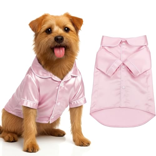 Cosblank Dog Silk Pajamas Shirts Puppy Satin Pjs Pet Sleepwear Soft Faux Silk Lapel Two-Legged for Small Dogs Bridal Party(M,Navy)(M,Pink) - Image 1