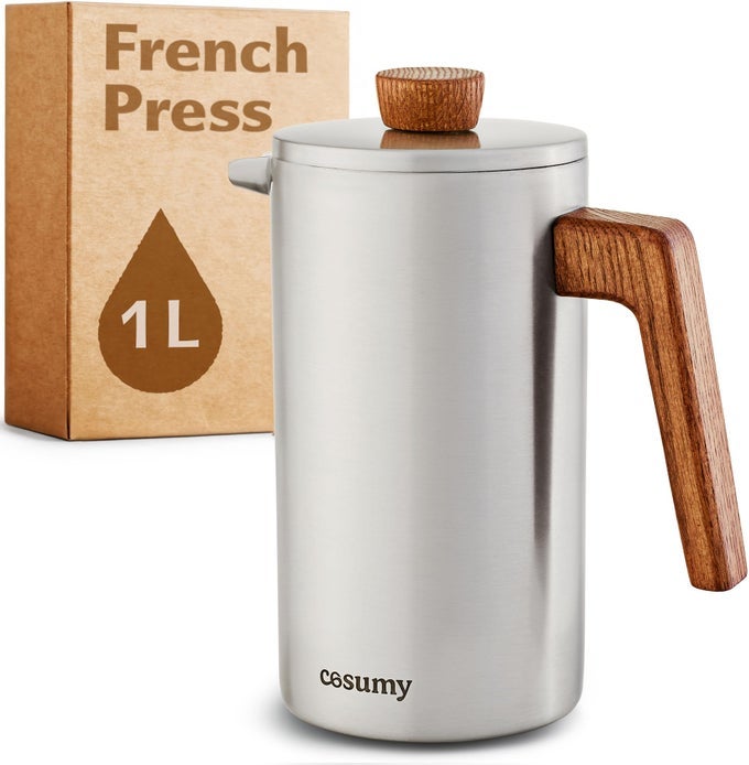 FRENCH PRESS COFFEE MAKER 1L FOR 5 CUPS STAINLESS STEEL FSC OAK WOOD CAFETIERE DOUBLE WALLED INSULATED COFFEE PRESS 2 EXTRA FILTERS