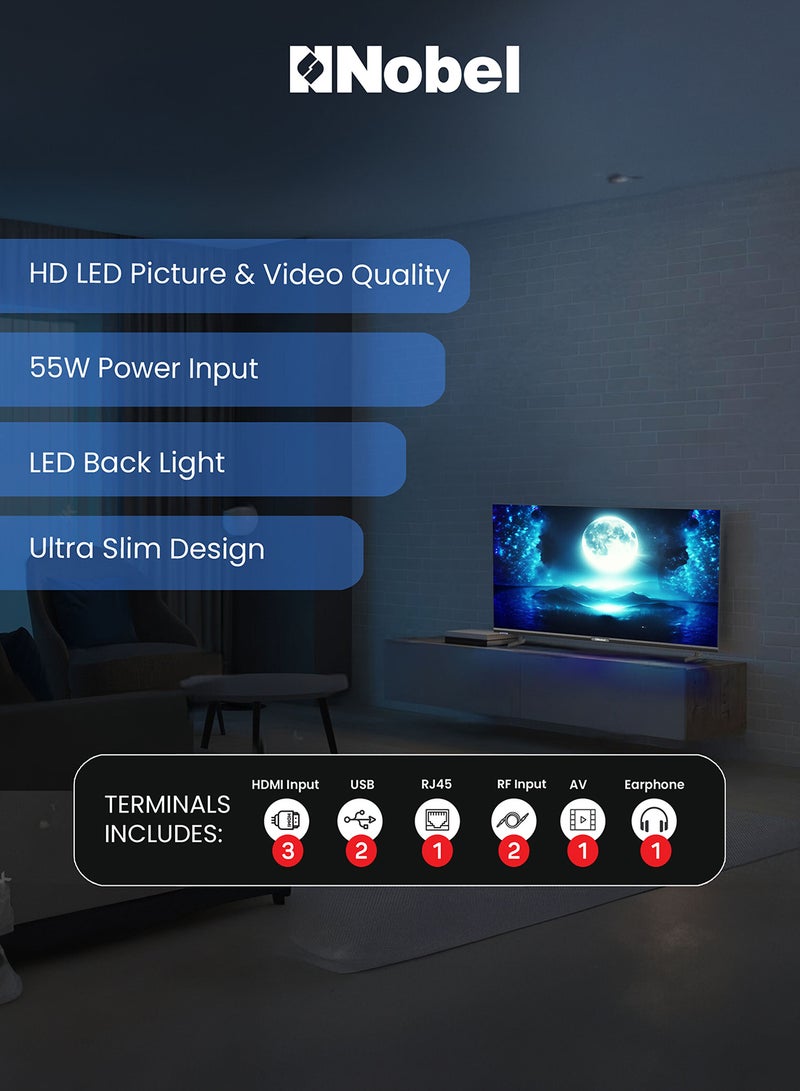 Nobel 32 Inch Led TV, Frameless, HD DLED 3xHDMI, 1xUSB,2xRF Input, 1xEarphone Output, 1xAV Input, 1xLAN With Remote Control, 19.2 x 72 x 46.2 (W x D x H) cm NTV32FL Black - Image 5
