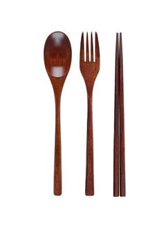 Generic ملعقة شوكة خشبية من ثلاث قطع، أدوات مائدة محمولة للسفر، أواني طعام لطيفة  - Image 3