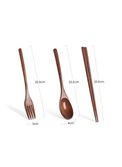 Generic ملعقة شوكة خشبية من ثلاث قطع، أدوات مائدة محمولة للسفر، أواني طعام لطيفة  - Image 5