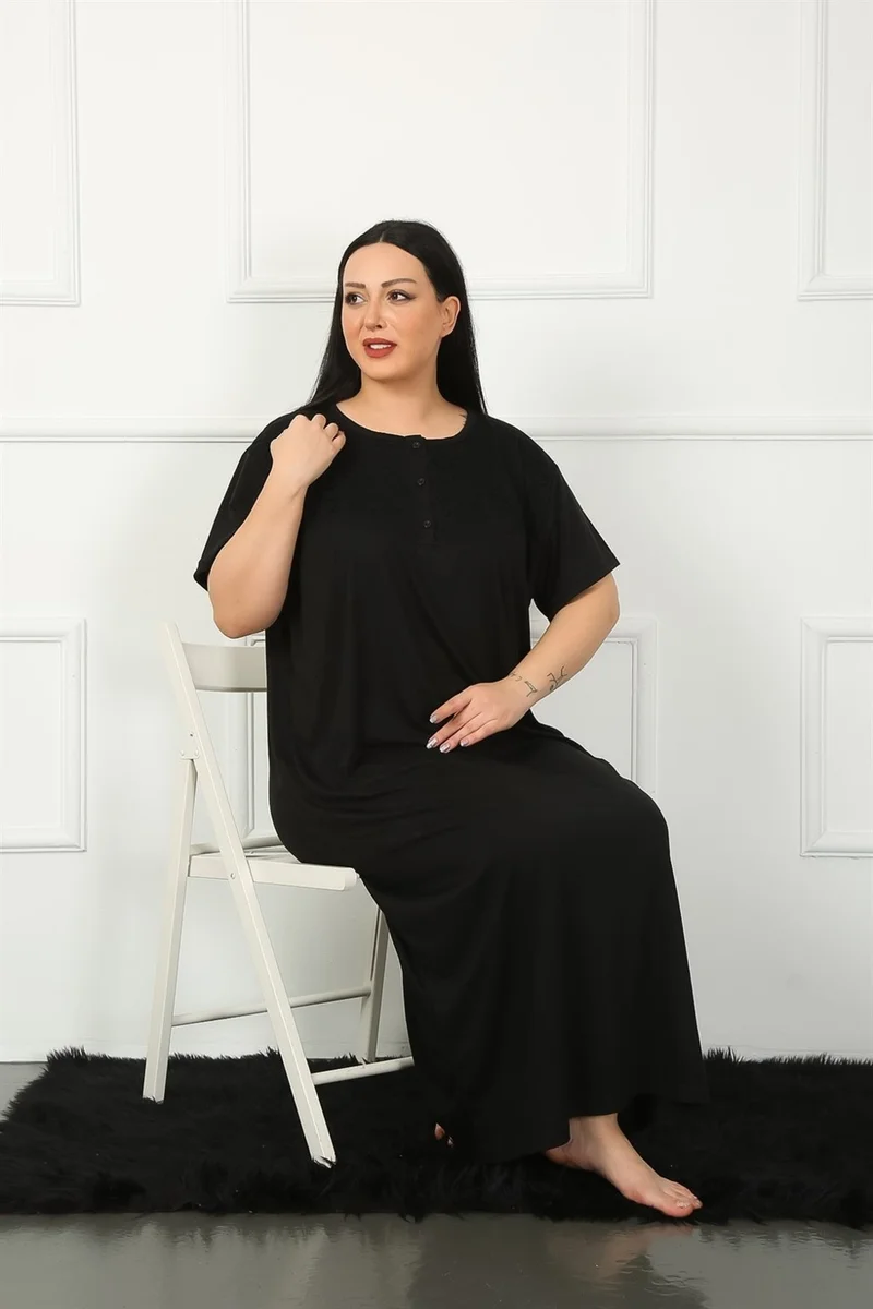 Akbeniz Big Lace Short Sleeve Black Mother Nightgown 1348