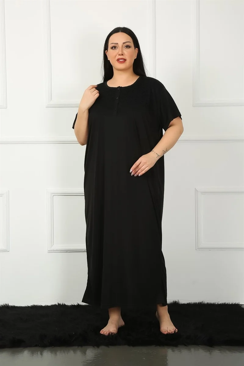 Akbeniz Big Lace Short Sleeve Black Mother Nightgown 1348