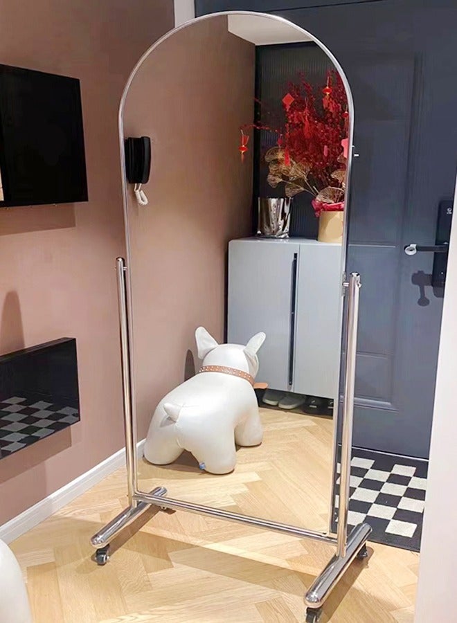 fashionhome Multipurpose Use Moveable Arched Design Full Length Mirror Floor Standing Mirror Large Full Body Mirror Dressing Mirror Round Durable Stainless Steel Aluminum Frame Decorative Mirror with Wheels for Living Room Home Shops 60x40x166 cm  - Image 2