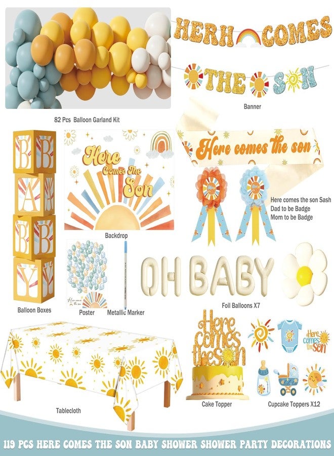 Hombae Boho Baby Shower Decorations - 119 PCs Boys Here Comes the Sun Baby Shower Party Supplies with Backdrop, Tablecloth, Balloon Garland, Boxes, Sash, Badges, Banner, Foil Balloon, Poster - Image 2