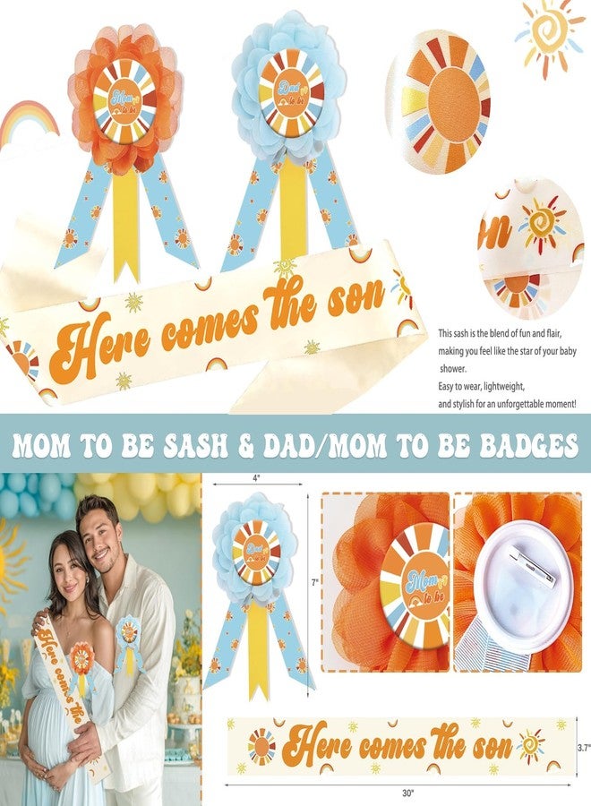 Hombae Boho Baby Shower Decorations - 119 PCs Boys Here Comes the Sun Baby Shower Party Supplies with Backdrop, Tablecloth, Balloon Garland, Boxes, Sash, Badges, Banner, Foil Balloon, Poster - Image 4
