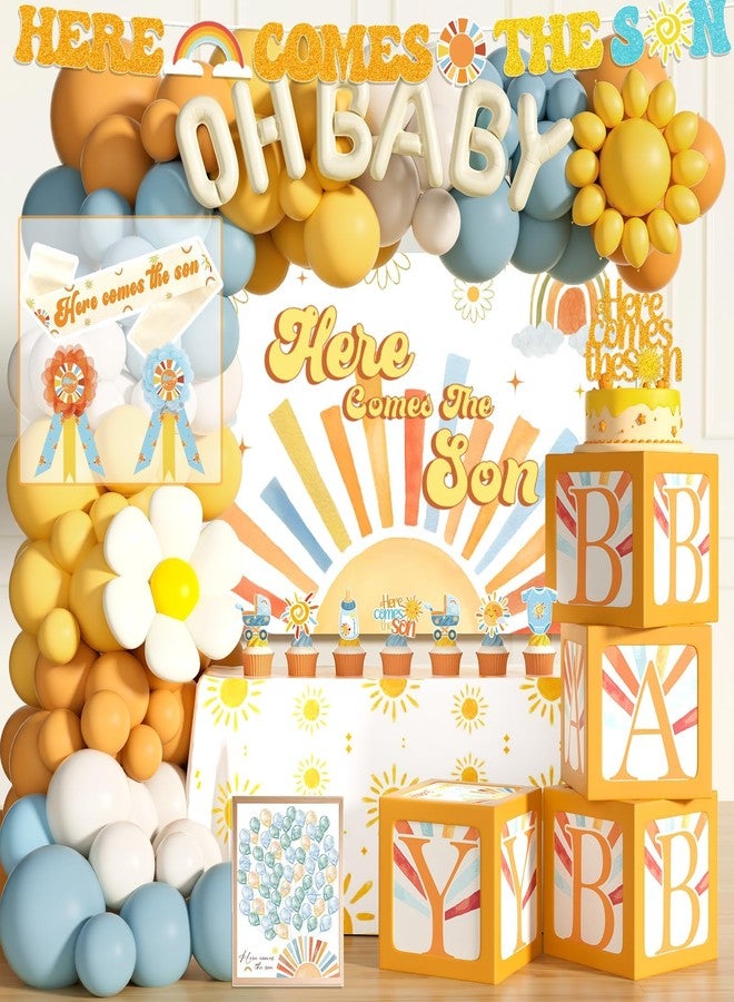 Hombae Boho Baby Shower Decorations - 119 PCs Boys Here Comes the Sun Baby Shower Party Supplies with Backdrop, Tablecloth, Balloon Garland, Boxes, Sash, Badges, Banner, Foil Balloon, Poster - Image 1