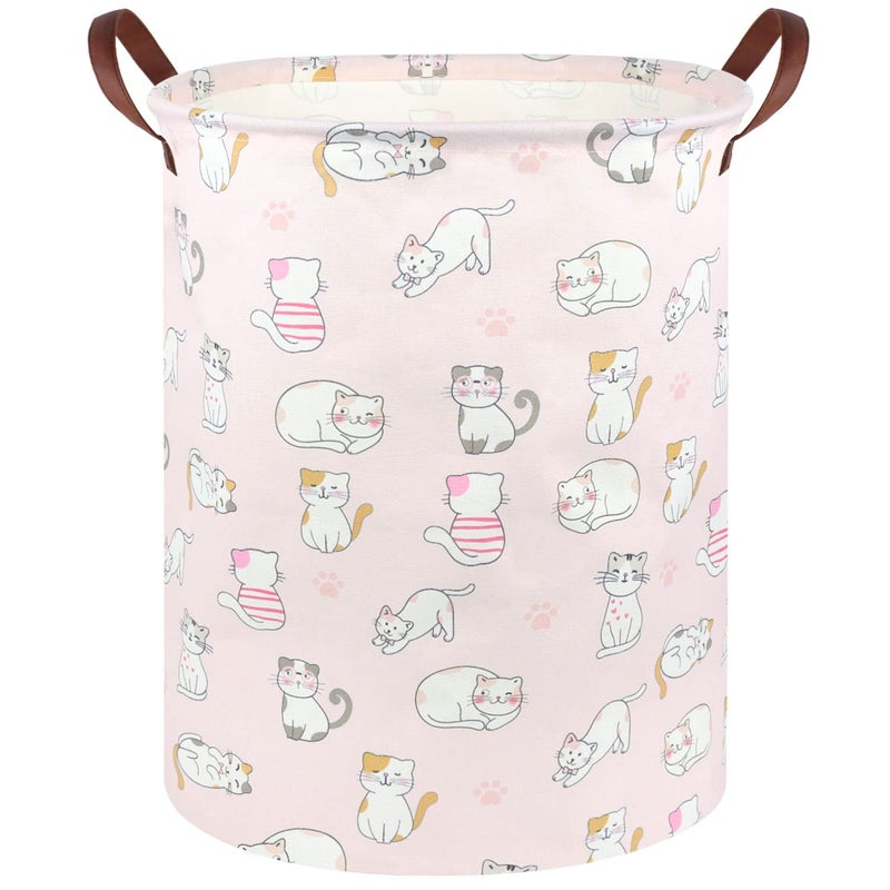 FXOCSHE Pink Hamper,Cat Laundry Basket,Canvas Fabric Collapsible Cute Storage Baskets with Handles,Pink Clothes Hamper,Kids Toy Storage Basket,Toy Organizer,Cat Room Decor(Pink Cat) - Image 1