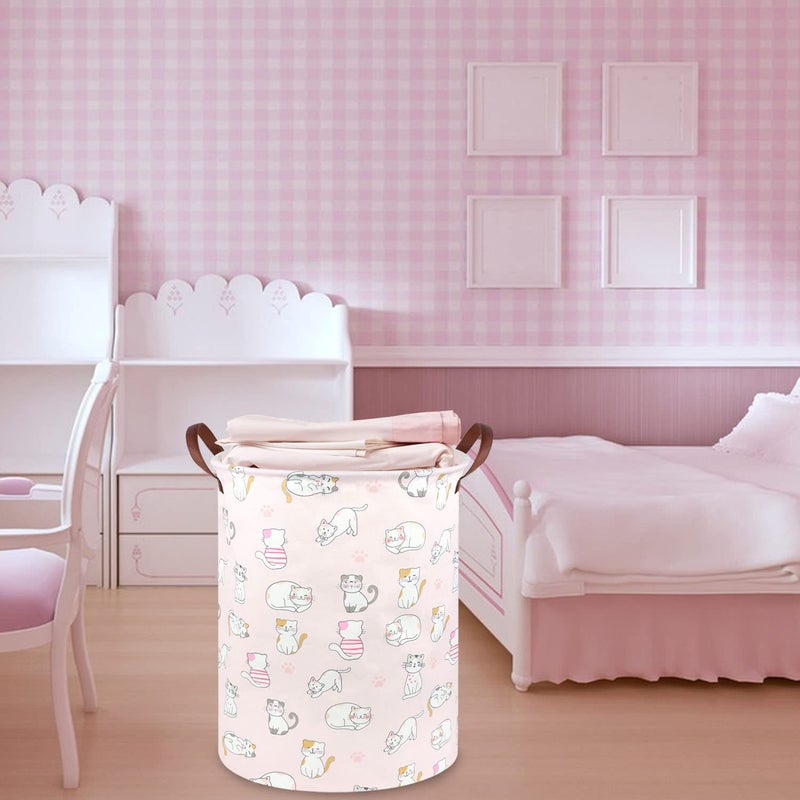 FXOCSHE Pink Hamper,Cat Laundry Basket,Canvas Fabric Collapsible Cute Storage Baskets with Handles,Pink Clothes Hamper,Kids Toy Storage Basket,Toy Organizer,Cat Room Decor(Pink Cat) - Image 5