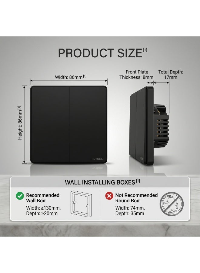 Future 2 Gang 2 Way Switch | 10A Wall Light Switch | Premium Black Finish | Two Gang Two Way Electrical Switch | Modern Home & Office Wall Switch | 250V | 35 Years Warranty - Image 3