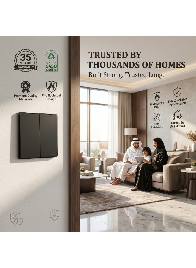 Future 2 Gang 2 Way Switch | 10A Wall Light Switch | Premium Black Finish | Two Gang Two Way Electrical Switch | Modern Home & Office Wall Switch | 250V | 35 Years Warranty - Image 5