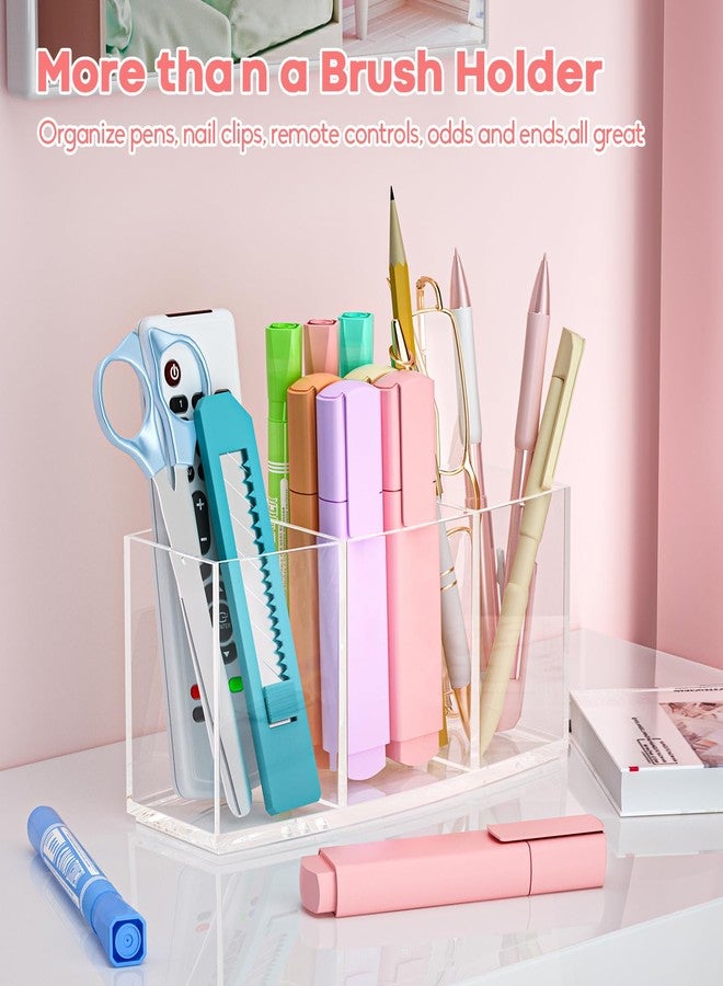BOCONY Clear Makeup Brush Organizer, Acrylic Cosmetic Brushes Storage with 3 Slots,Perfect Pen Holder for Desk - Image 4