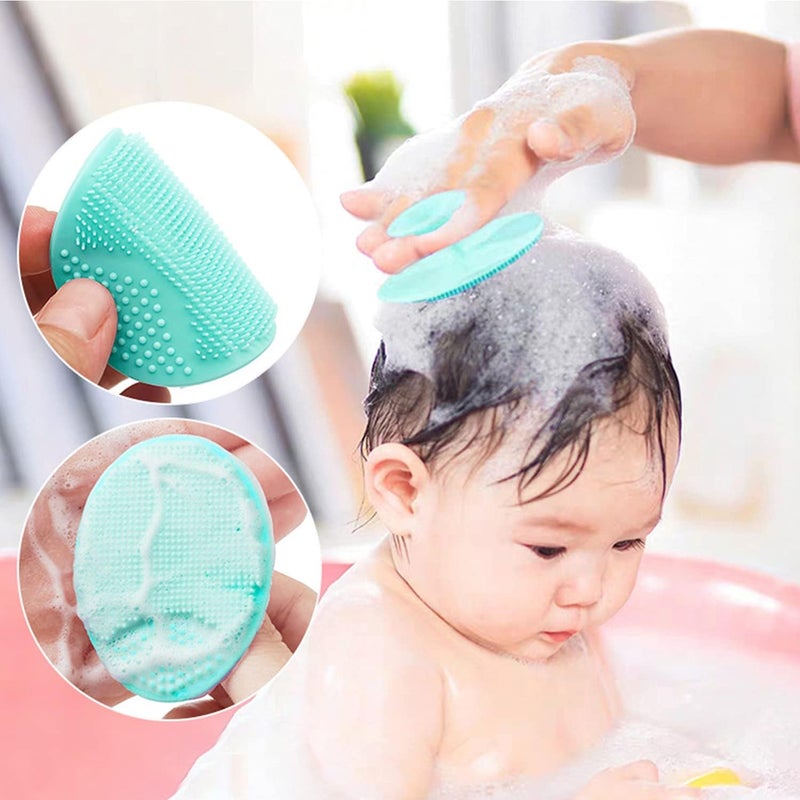 FUIN Baby Bath Brush, Silicone Massage & Cradle Cap Scrubber, Gentle Exfoliator for Dry Skin, Eczema Relief, Safe Hypoallergenic Brush for Newborns, Toddlers, 2 Pack (Purple & Green) - Image 3