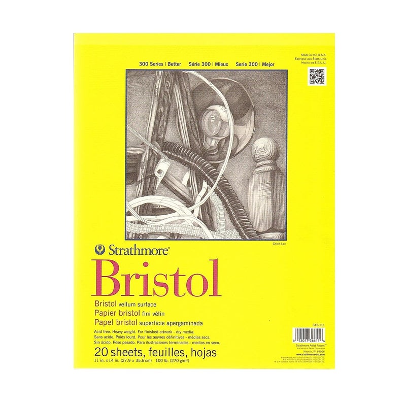 Strathmore Strathmore 300 Series Bristol Paper Pad Vellum Tape Bound 11x14 inches 20 Sheets 100lb270g  Artist Paper for Adults and Students  Charcoal Pen and Ink Marker and Pastel 
